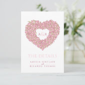 Binddetails roze tulpen hart bouquet monogram informatiekaartje (Staand voorkant)
