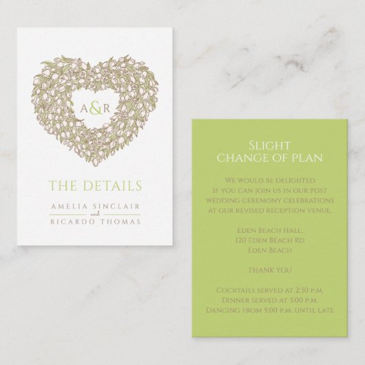 Binddetails tulp bouquet monogram groen bruin informatiekaartje (Voorkant / Achterkant)