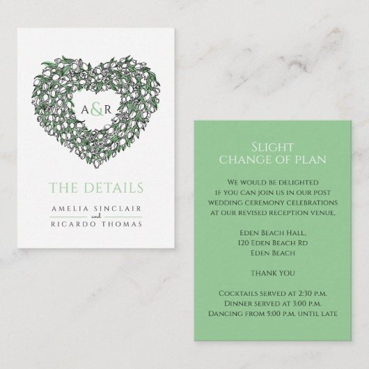 Binddetails witte tulpen bouquet monogram enc informatiekaartje (Voorkant / Achterkant)