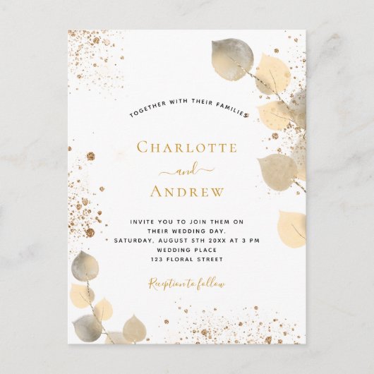 Bindemalyptus glitter gouden bladglitter uitnodiging briefkaart (Voorkant)