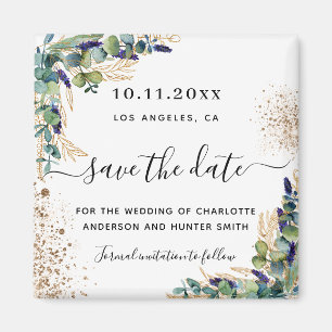 Bindende eucalyptus gold glitter save the date magneet