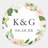Bindende Initialen Blush Pink Floral Wreate Ronde Sticker (Voorkant)