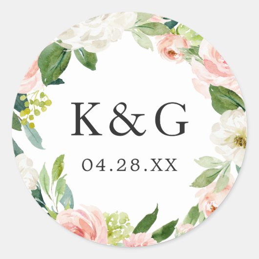 Bindende Initialen Blush Pink Floral Wreate Ronde Sticker (Voorkant)