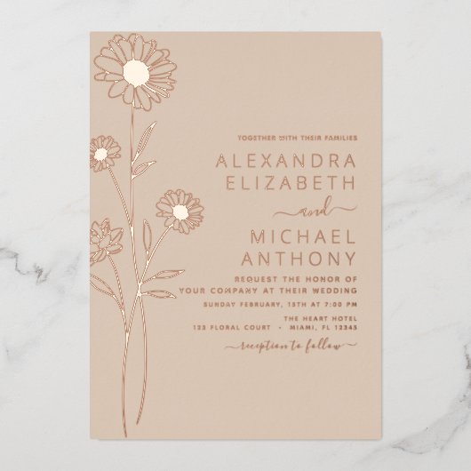 Bindende minimalistische botanische Floral Line Ar Folie Uitnodiging (Voorkant)