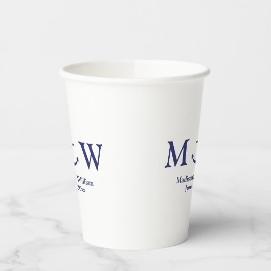 Bindende nautische marineblauw en witte monogram papieren bekers (Links)