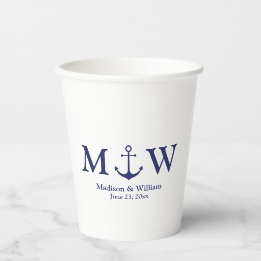 Bindende nautische marineblauw en witte monogram papieren bekers (Voorkant)