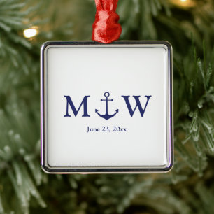 Bindende nautische marineblauw-witte monogram metalen ornament