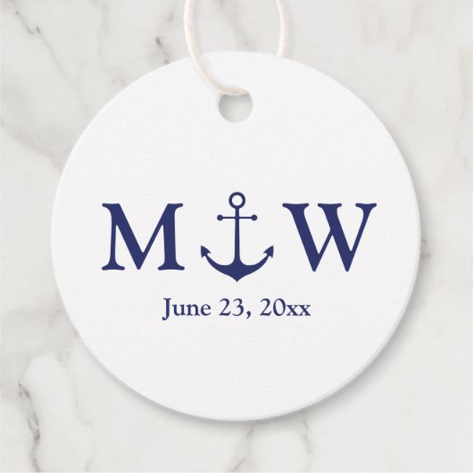 Bindende nautische marineblauw-witte monogram voor bedankjes labels (Voorkant)