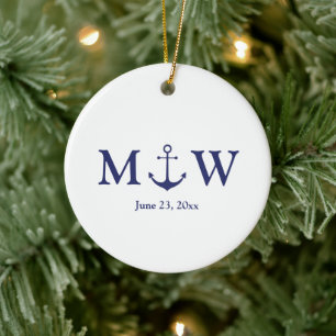 Bindende nautische marineblauw-witte monogram voor keramisch ornament
