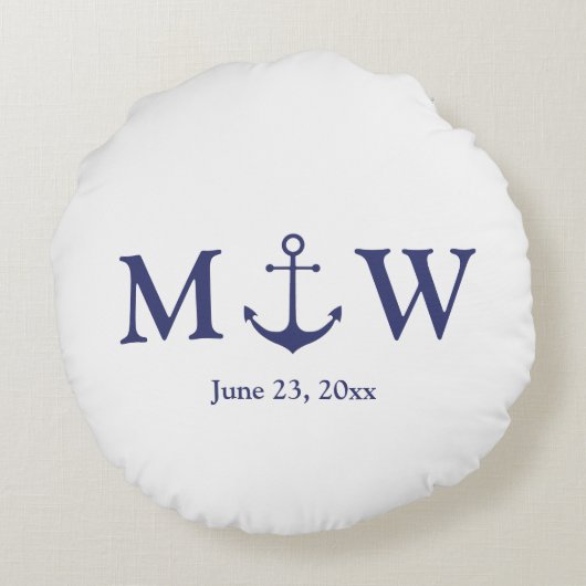 Bindende nautische marineblauw-witte monogram voor rond kussen (Achterkant)