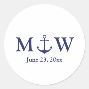 Bindende nautische marineblauw-witte monogram voor ronde sticker