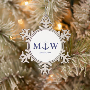 Bindende nautische marineblauw-witte monogram voor tin sneeuwvlok ornament