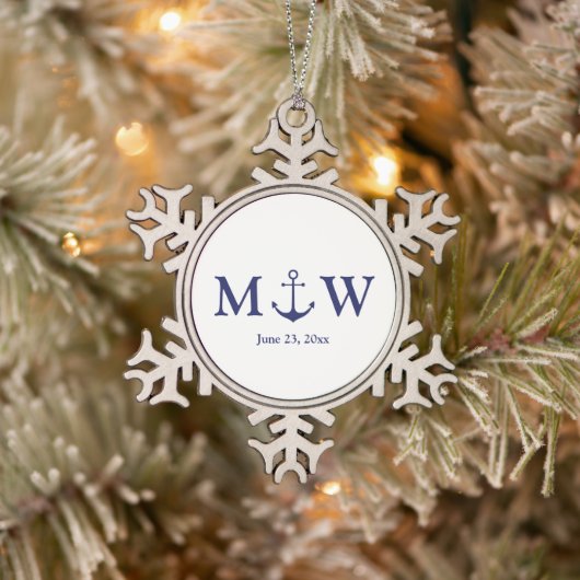 Bindende nautische marineblauw-witte monogram voor tin sneeuwvlok ornament (Boom)