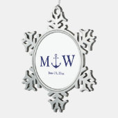 Bindende nautische marineblauw-witte monogram voor tin sneeuwvlok ornament (Rechts)