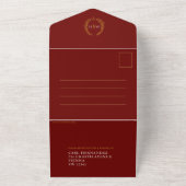 Bindende rode witte gouden ovaalbladeren monogram all in one uitnodiging (Buitenkant)