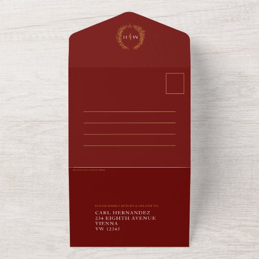 Bindende rode witte gouden ovaalbladeren monogram all in one uitnodiging (Buitenkant)