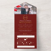 Bindende rode witte gouden ovaalbladeren monogram all in one uitnodiging (Binnen)