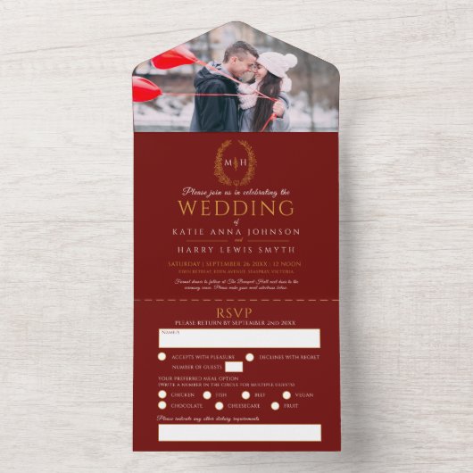 Bindende rode witte gouden ovaalbladeren monogram all in one uitnodiging (Binnen)