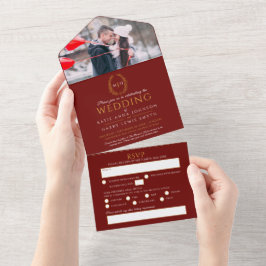 Bindende rode witte gouden ovaalbladeren monogram  all in one uitnodiging