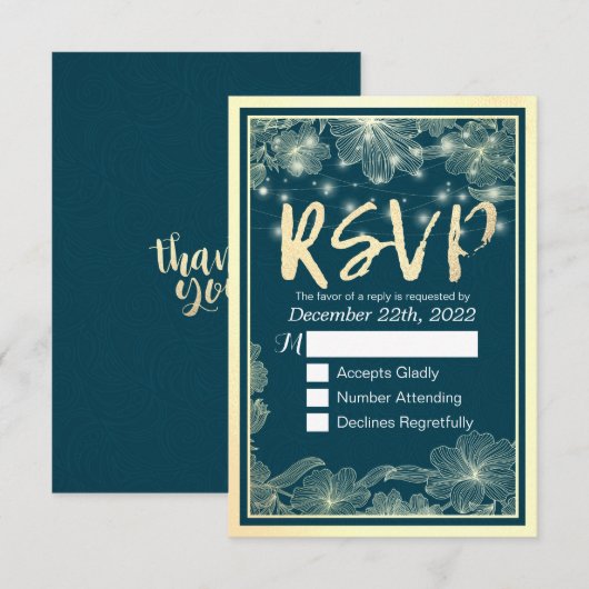Bindende RSVP Antwoord Blue Gold Flowers String Li (Voorkant / Achterkant)