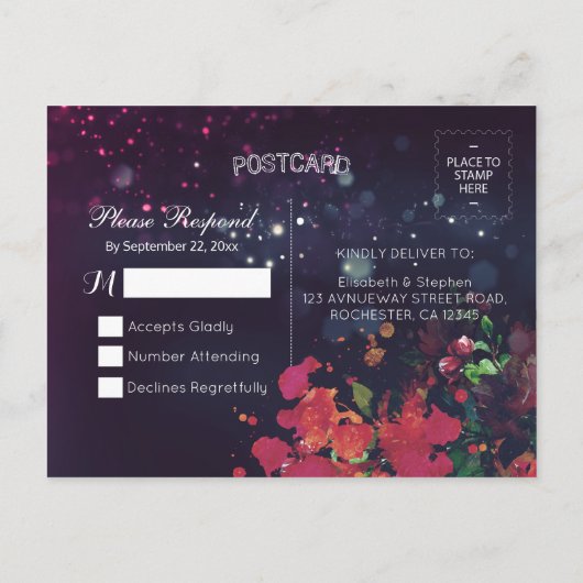 Bindende RSVP Antwoord Floral String Light Gold Sc Uitnodiging Briefkaart (Achterkant)