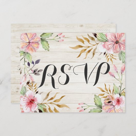 Bindende RSVP Antwoord Waterverf Bloemen Rustisch Uitnodiging Briefkaart (Voorkant / Achterkant)