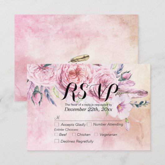 Bindende RSVP Antwoord Waterverf Boho Floral Feath (Voorkant / Achterkant)