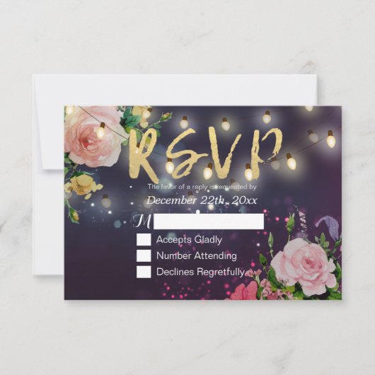 Bindende RSVP Floral Paars Sparkle String Lights Kaartje (Voorkant)