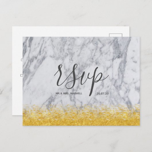 Bindende Rsvp-kaart White Gold Glitter Marble Scri Uitnodiging Briefkaart (Voorkant / Achterkant)