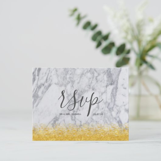 Bindende Rsvp-kaart White Gold Glitter Marble Scri Uitnodiging Briefkaart (Staand voorkant)