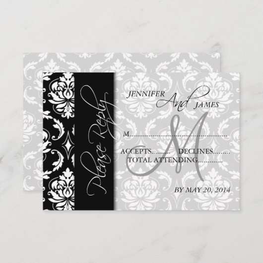 Bindende RSVP-kaarten Zwarte Damask Monogram RSVP Kaartje (Voorkant / Achterkant)