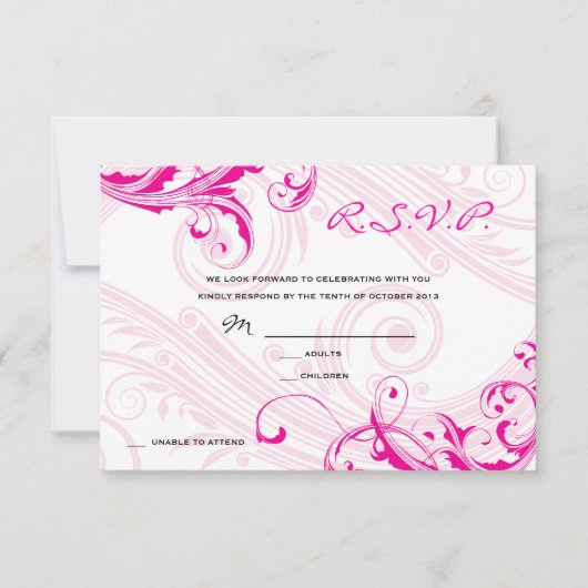 Bindende RSVP Magenta Classic Scroll Fleurish Kaart (Voorkant)