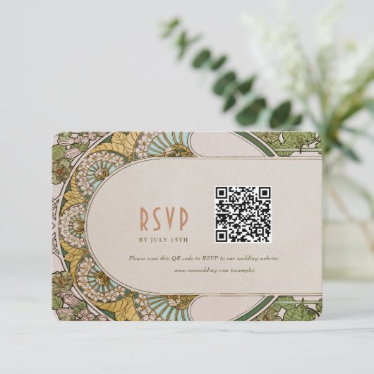 Bindende RSVP QR Code Art Nouveau Mucha Kaart (Staand voorkant)
