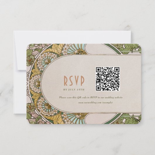 Bindende RSVP QR Code  Art Nouveau Mucha Kaart (Voorkant)