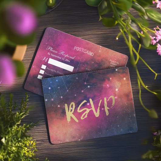 Bindende RSVP Reply Galaxy Nebula Constellations Uitnodiging Briefkaart