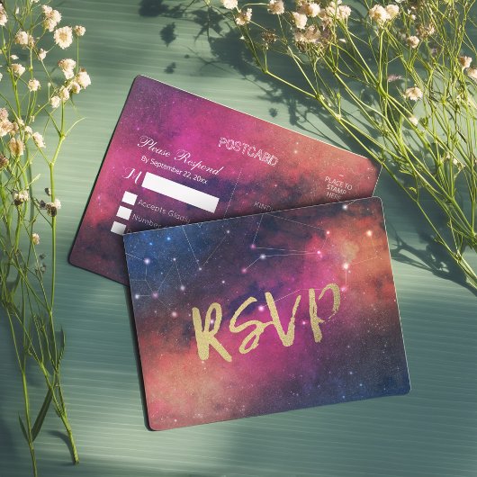 Bindende RSVP Reply Galaxy Nebula Constellations Uitnodiging Briefkaart