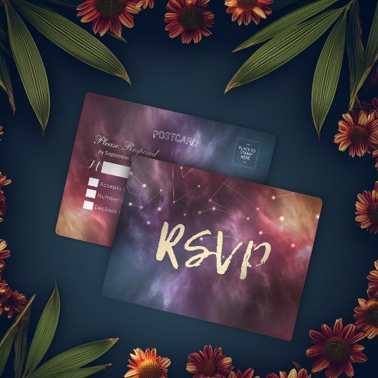 Bindende RSVP Reply Galaxy Nebula Constellations Uitnodiging Briefkaart