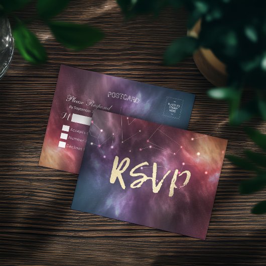 Bindende RSVP Reply Galaxy Nebula Constellations Uitnodiging Briefkaart