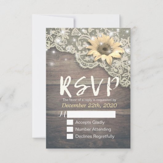 Bindende RSVP Reply Lace Sunflower Barn Wood Licht (Voorkant)