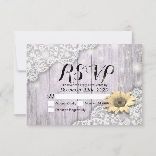 Bindende RSVP Reply Lace Sunflower Barn Wood Licht (Voorkant)
