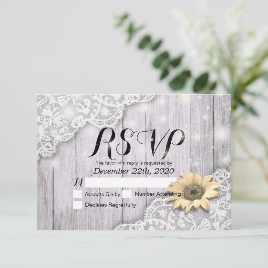 Bindende RSVP Reply Lace Sunflower Barn Wood Licht (Staand voorkant)