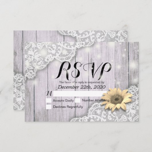 Bindende RSVP Reply Lace Sunflower Barn Wood Licht (Voorkant / Achterkant)