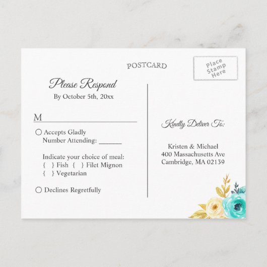 Bindende RSVP - Waterverf marineblauw goud Uitnodiging Briefkaart (Achterkant)