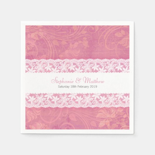 Bindende witte kant op zalmroze papieren servetten (Voorkant)