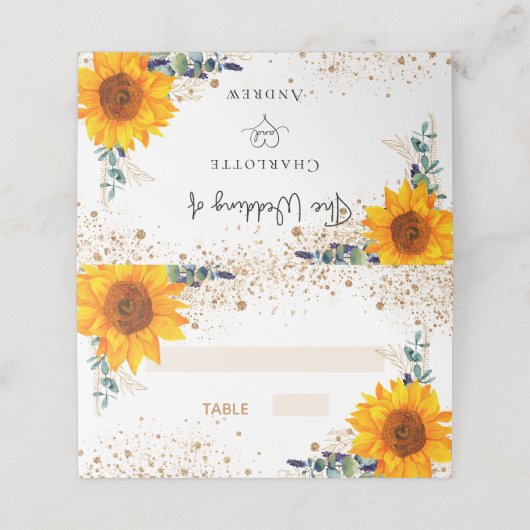 Bindende zonnebloem Eucalyptus goudglitter Plaatskaartje (Buitenkant ongevouwen)