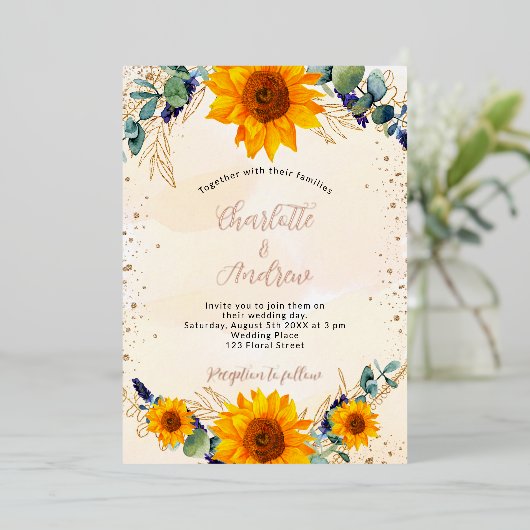 Bindende zonnebloemen Eucalyptus Gold rustic Folie Uitnodiging