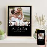 Bindfotocollage Zigzag Afbeelding Strip Aangepast Poster<br><div class="desc">Het poster van de fotocollage van de bruiloft met gepersonaliseerde tekst en zigzag afbeelding strip. De sjabloon is klaar om vijf foto's toe te voegen - de hoofdfoto wordt als achtergrond gebruikt en de overige vier foto's worden in een zigzag-afbeelding langs de onderkant geplaatst. Dit ontwerp heeft een zwarte achtergrond,...</div>