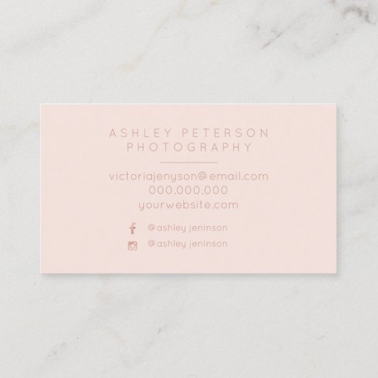 Bindfotografie met minimaal roos goudglitter visitekaartje (Achterkant)