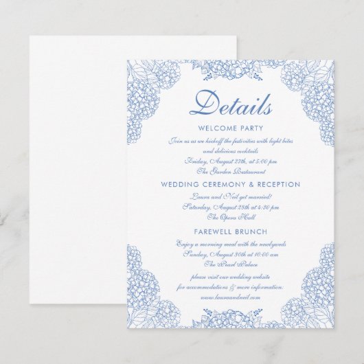 Bindgegevens Modern Hydrangea Dusty Blue Floral Informatiekaartje (Voorkant / Achterkant)