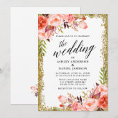 Bindkalligrafie Koraal Floral Gold Glitter Kaart (Voorkant / Achterkant)